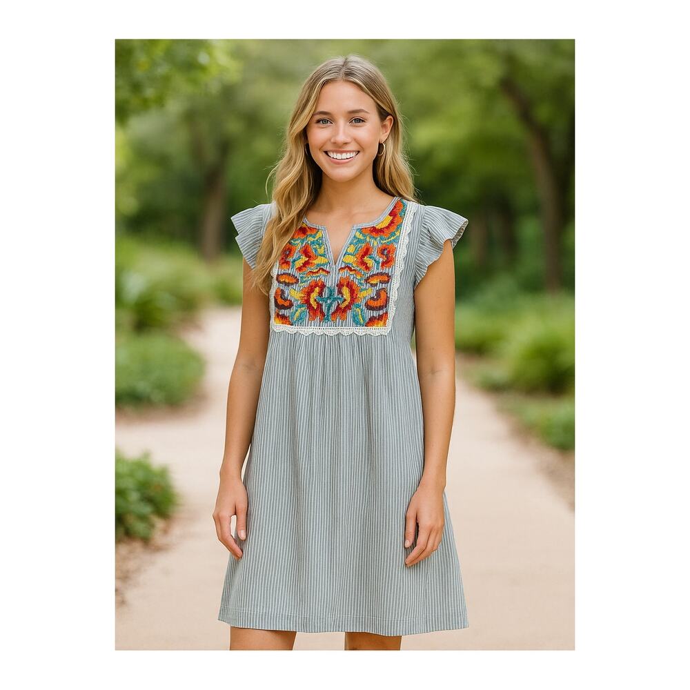 THML Gray and White Striped Dress with Floral Embroidery - Size S